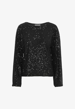 Black sequined long-sleeve top featuring a round neckline and a soft textured surface with scattered sequin detailing throughout.