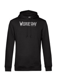Sudadera con capucha negra hecha de una mezcla de algodón. Presenta un gran gráfico blanco de "WEDNESDAY" en la parte delantera. Incluye cordones y puños de canalé.