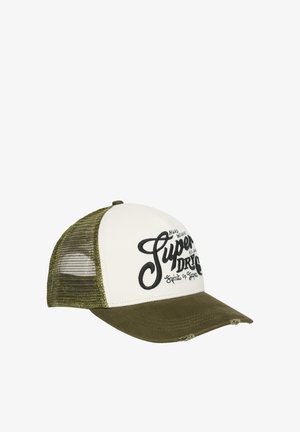 Zielono-biała siateczkowa czapka trucker z zakrzywionym daszkiem i czarnym haftowanym napisem "Super Dry Co" na przednim panelu.