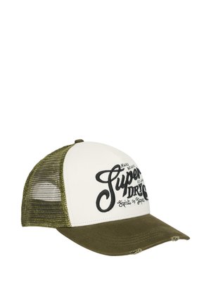 Zielono-biała siateczkowa czapka trucker z zakrzywionym daszkiem i czarnym haftowanym napisem "Super Dry Co" na przednim panelu.