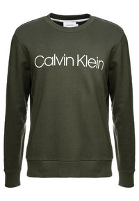 Maglione verde scuro in cotone, con maniche lunghe, scollo a girocollo e logo "Calvin Klein" bianco sulla parte anteriore.
