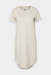 Lyhythihainen, beige jersey-mekko, jossa on pyöreä helma. Varustettu pyöreällä kaula-aukolla ja kontrastivärillä varustetuilla hihansuilla. Sujuva texture, rento muotoilu.