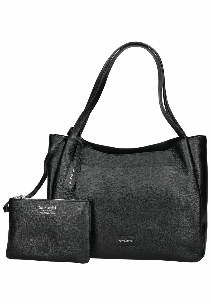 Borsa a tracolla in pelle nera con texture liscia, due manici e dettagli con logo. Include una pochette con zip abbinata più piccola.
