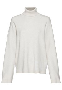 Hellbeige Rollkragenpullover aus weichem Material, mit Fall-schultern, langen Ärmeln und dezentem "ELF"-Druck nahe dem Saum.