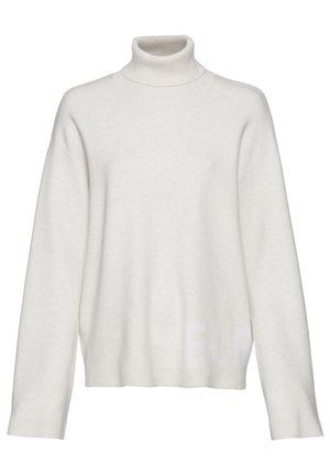 Hellbeige Rollkragenpullover aus weichem Material, mit Fall-schultern, langen Ärmeln und dezentem "ELF"-Druck nahe dem Saum.