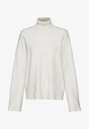 Hellbeige Rollkragenpullover aus weichem Material, mit Fall-schultern, langen Ärmeln und dezentem "ELF"-Druck nahe dem Saum.
