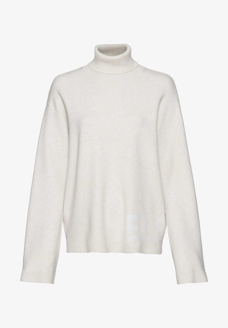 Hellbeige Rollkragenpullover aus weichem Material, mit Fall-schultern, langen Ärmeln und dezentem "ELF"-Druck nahe dem Saum.