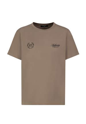 Brown short-sleeve cotton t-shirt with round neck, "Authentic Sports Club" text on right chest, and small laurel wreath logo with initials on left chest.