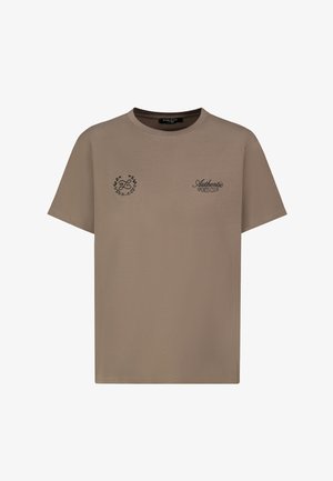 Brown short-sleeve cotton t-shirt with round neck, "Authentic Sports Club" text on right chest, and small laurel wreath logo with initials on left chest.