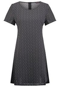 Robe noire à manches courtes avec petit motif floral blanc, encolure ronde et fermeture éclair au dos.