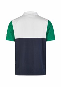 Kortarmige poloshirt met een witte bovenkant, groene mouwen en een marineblauwe onderkant, gemaakt van zachte katoen met een kraag.