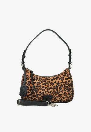 Lille skuldertaske med brun og sort leopardprint, sorte justerbare stropper, lynlås og vedhæftet lædermærke.