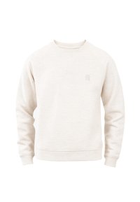 Felpa beige chiaro realizzata in tessuto morbido. Presenta un collo a giro, polsini e orlo a coste, e un piccolo logo sulla parte anteriore.