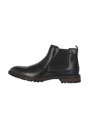Schwarze Leder-Ankle-Boots mit elastischen seitlichen Einsätzen, strukturiertem Obermaterial und brauner Gummisohle. Verfügt über eine kleine Schlaufe für einfaches Anziehen.