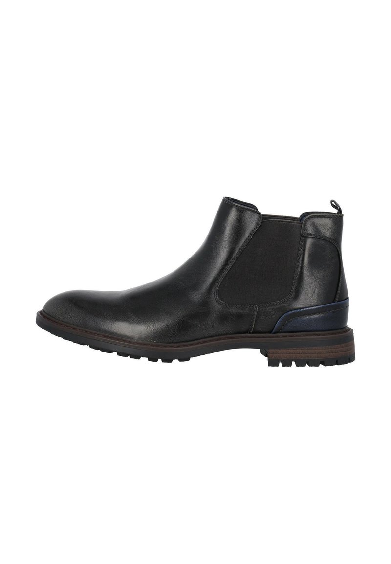 Bottine en cuir noir avec panneaux latéraux élastiques, surface texturée et semelle en caoutchouc marron. Dotée d'une petite languette pour un enfilage facile.
