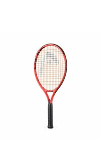 Rode tennisracket met een ronde kop, zwarte accenten en een gestructureerde zwarte grip. Heeft een open snarenpatroon en een opvallend logo.