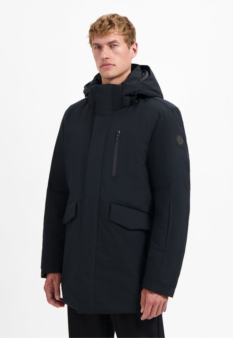 Navyblauwe waterdichte parka met hoge kraag, ritszak op de borst, oversized vo Taschen, en verstelbare koordjes op de capuchon.