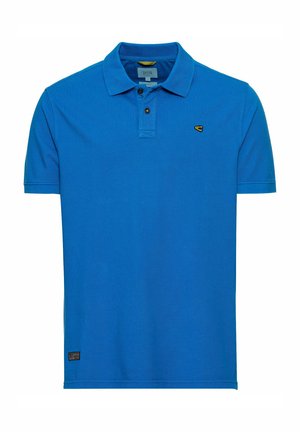 Blaues Polohemd aus Baumwolle mit einem Drei-Knopf-Verschluss, kurzen Ärmeln und einem kleinen gelben Logo auf der Brust.