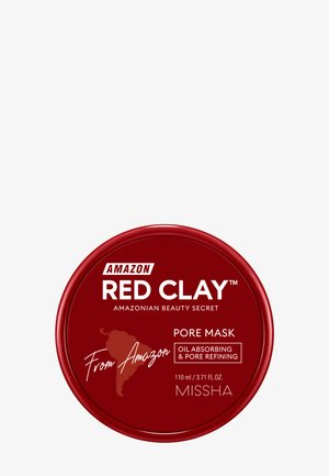 Coperchio rotondo rosso del contenitore etichettato "Amazon Red Clay pore mask" per assorbire l'olio e affinare i pori, 110 ml di Missha.