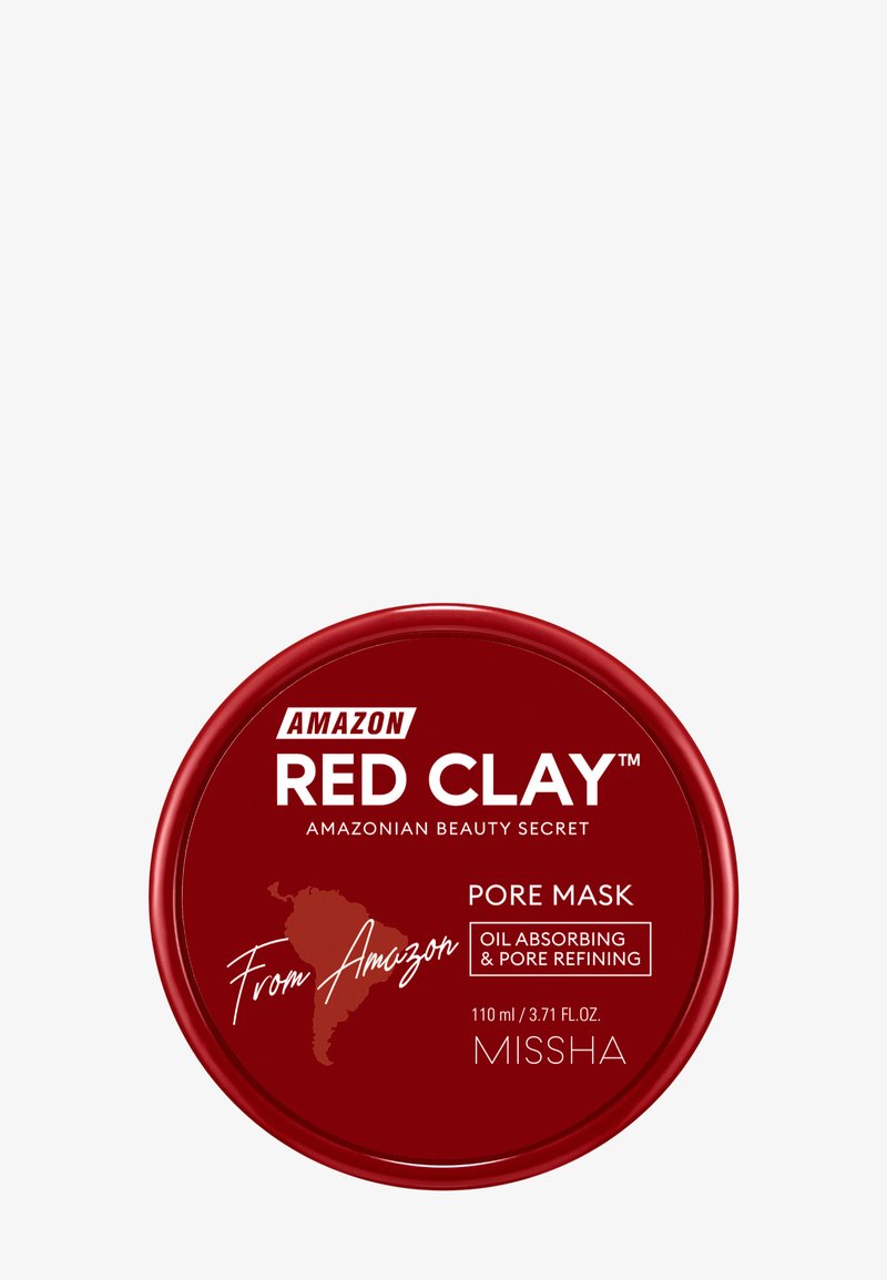 Couvercle rond rouge de récipient étiqueté "Amazon Red Clay pore mask" pour l'absorption de l'huile et le raffinement des pores, 110 ml de Missha.