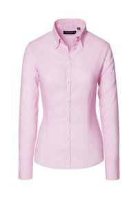 Jasnoróżowa koszula z długim rękawem, wykonana z gładkiego materiału, o dopasowanym kroju, z zapięciem na guziki z przodu i klasycznym kołnierzykiem.