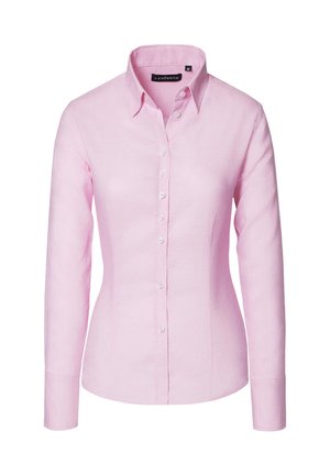 Jasnoróżowa koszula z długim rękawem, wykonana z gładkiego materiału, o dopasowanym kroju, z zapięciem na guziki z przodu i klasycznym kołnierzykiem.