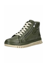 Zapatillas altas de cuero verde con suela de goma beige, cordones blancos, cremallera lateral y detalles de costura visibles.