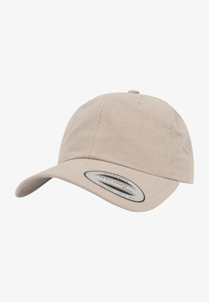 Beige baseball cap with a curved brim, made from soft fabric. Features a stitched design and an oval label on the front.