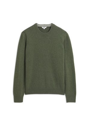 Groene gebreide trui met een ronde hals, geribde boorden en zoom, met een zachte textuur en subtiel gemêleerd patroon.