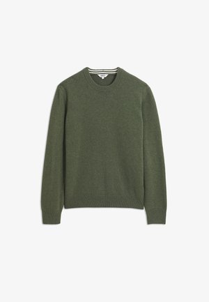 Zielony sweter dzianinowy z okrągłym dekoltem, ściągaczami na rękawach i hemie, o miękkiej teksturze i subtelnym melanżowym wzorze.
