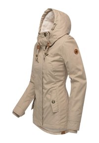 Beige kvinders jakke med hætte, med lynlås- og knaplukning, to sidelommer, ribbede manchetter og brune accentknapper. Tekstil med struktureret finish.