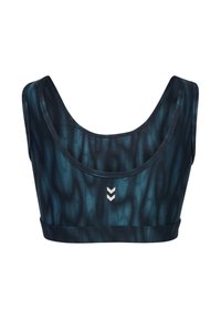 Czarny i zielono-niebieski stanik sportowy z teksturowanym wzorem fal, dekoltem typu scoop oraz srebrnym logo na środku. Wykonany z elastycznego materiału dla wygody.