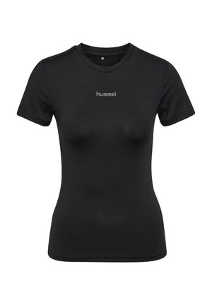 Sort kortærmet T-shirt lavet af glat stof. Har en rund hals og et lille "hummel" logo i grå i midten.