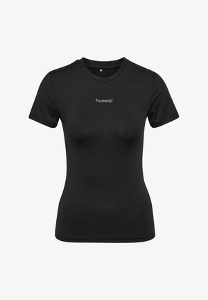 Black short-sleeve T-shirt made of smooth fabric. Features a crew neckline and a small "hummel" logo in gray at the center.