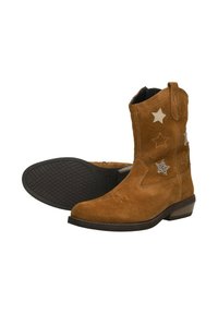 Brown suede cowboy boots with a low heel, featuring silver star accents and decorative stitching on the shaft. Rubber sole with textured tread.