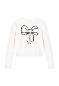 Biały sweter dzianinowy z długimi rękawami i krótką formą, z czarną haftowaną kokardą na środku. Miękka tekstura, minimalistyczny styl.