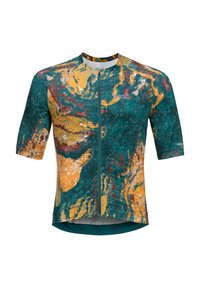 Kurzarm-Radsporttrikot in Türkis, Orange und Gelb mit einem abstrakten Muster. Verfügt über einen durchgehenden Reißverschluss an der Vorderseite und einen abgerundeten Saum.