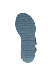 Mėlynas gumos batų padas su tekstūruotais sukibimo raštais, pažymėtas prekės ženklo "Caprice" ir dydžio "37", įspaustu medžiagoje.