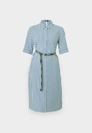 Robe chemise midi à rayures verticales bleu et blanc, manches courtes, boutonnée à l'avant, col pointu, et ceinture noire de marque à la taille.