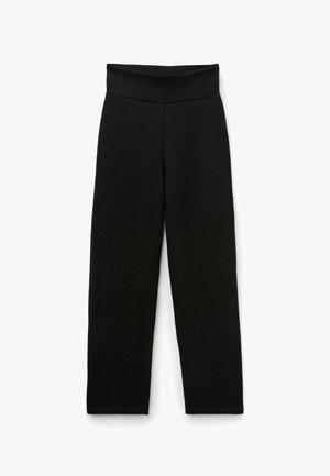 Schwarze hochtaillierte gerade Hosen mit breitem Bund, glattem Stoff und ohne sichtbare Taschen oder Verzierungen.