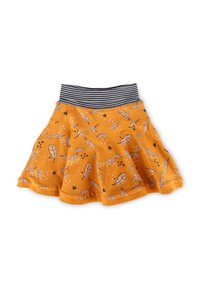 Gonna arancione a campana con stampe di foglie e stelle nere, dotata di una cintura elastica a righe bianche e nere piegata.