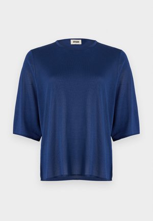 Navy blue short-sleeve top made of smooth fabric, featuring a round neckline and a loose fit. Simple design with no patterns or embellishments.