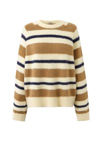 Crème, tan en marineblauwe harige gestreepte trui met lange mouwen, ronde hals en geribbelde boorden en zoom.