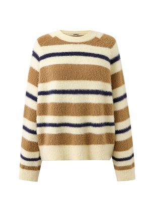 Crème, tan en marineblauwe harige gestreepte trui met lange mouwen, ronde hals en geribbelde boorden en zoom.