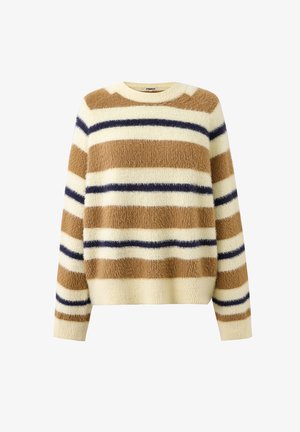 Crème, tan en marineblauwe harige gestreepte trui met lange mouwen, ronde hals en geribbelde boorden en zoom.