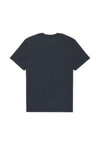 Camiseta de manga corta azul marino oscuro con cuello redondo, hecha de un tejido texturizado con un patrón moteado. Vista trasera lisa.