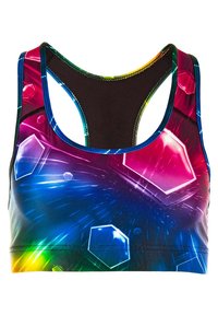 Colorful sports bra featuring a geometric design with multicolored hexagons. Made of smooth fabric with a racerback style and black accents.