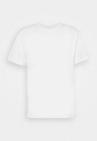 En enfärgad vit kortärmad t-shirt med rund halsringning, liggande platt och centrerad mot en vit bakgrund.