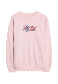 Felpa rosa chiaro con scollatura rotonda e polsini a costine. Disegno ricamato al centro di una coppia di personaggi con il testo "Angel Stitch."