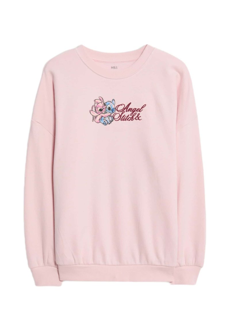 Felpa rosa chiaro con scollatura rotonda e polsini a costine. Disegno ricamato al centro di una coppia di personaggi con il testo "Angel Stitch."